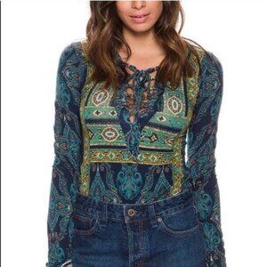Free People Women's XS Boho Paisley Lace-Up Long Sleeve Top Festival Blue Green